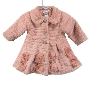 Little Lass Baby Girl Pink Faux Fur Rosette Coat Jacket 3–6M with Rhinestone
